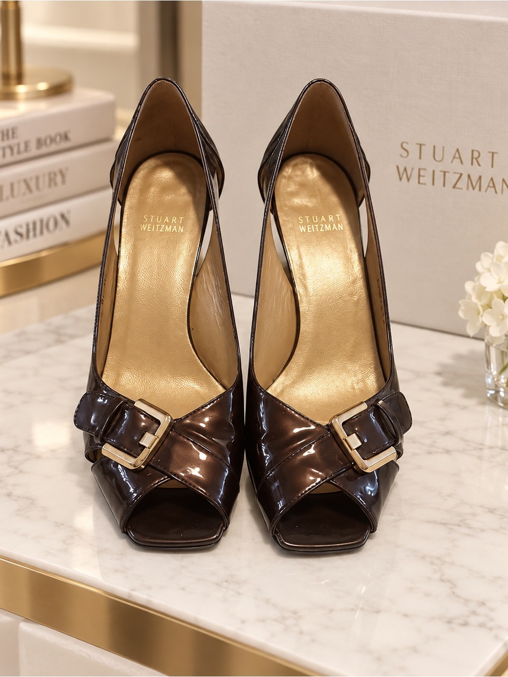 Stuart Weitzman Brown Patent Leather Peep-Toe Heels with Buckle